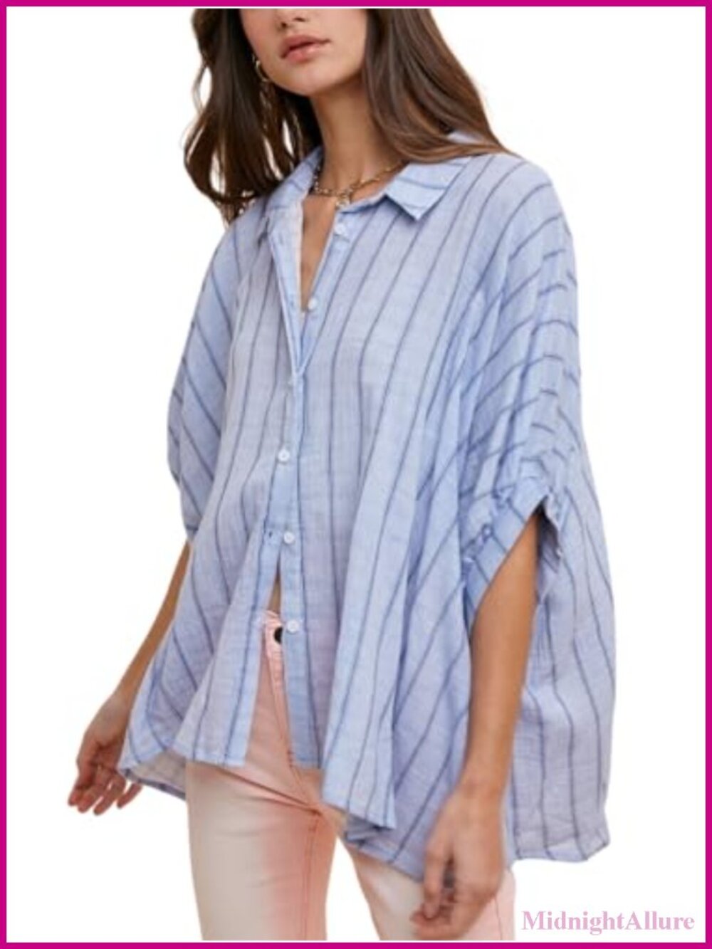 Oversized Striped Button Down Blouse Drop Shoulder Half Sleeve Cotton Gauze